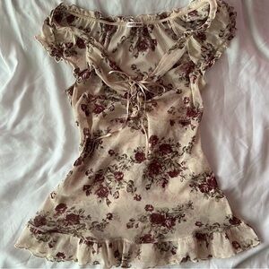 💸SOLD. Vintage Japanese Mesh Floral Ruffle Top - Cream and Brown XS S